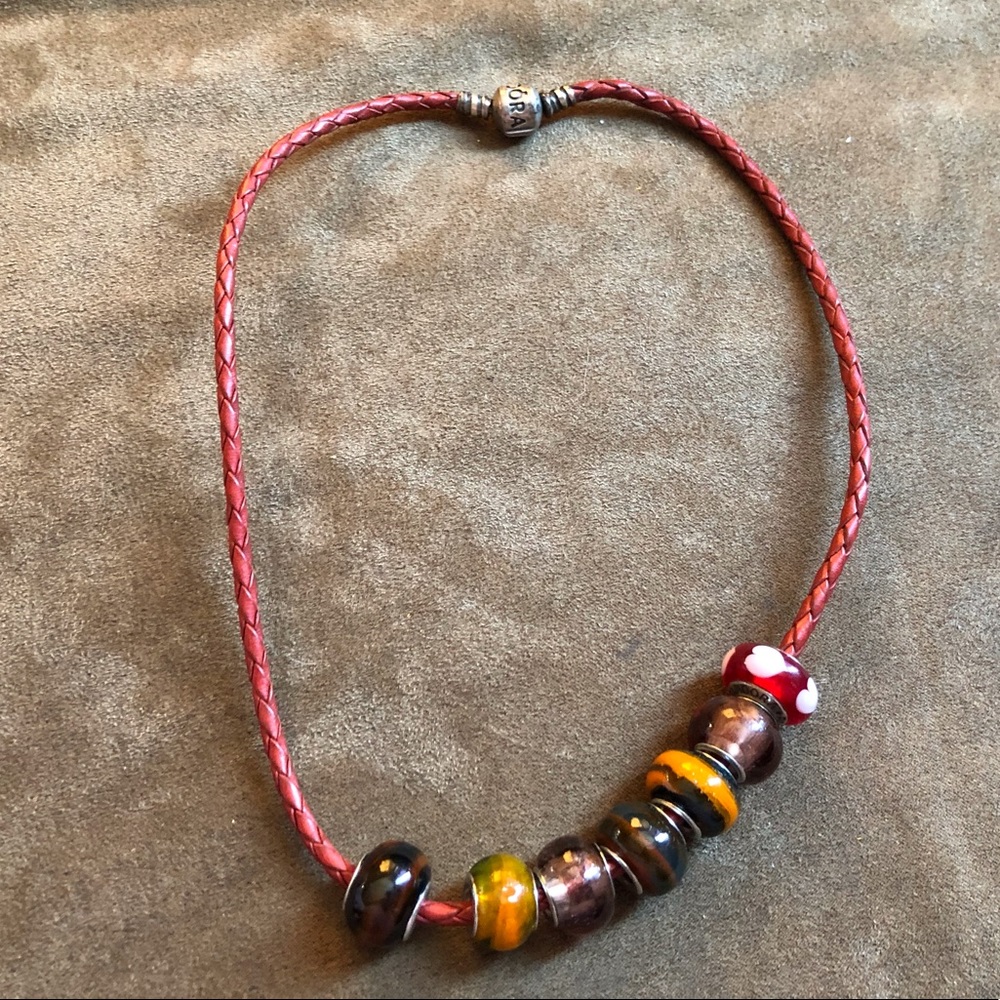 Pandora Brown Leather Bracelet Wrap Around Twice Necklace w/ 7 Charms